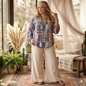 Patchwork Paisley Bohemian Blouse Peasant 3X Flowy Hippie Casual Flare Sleeve